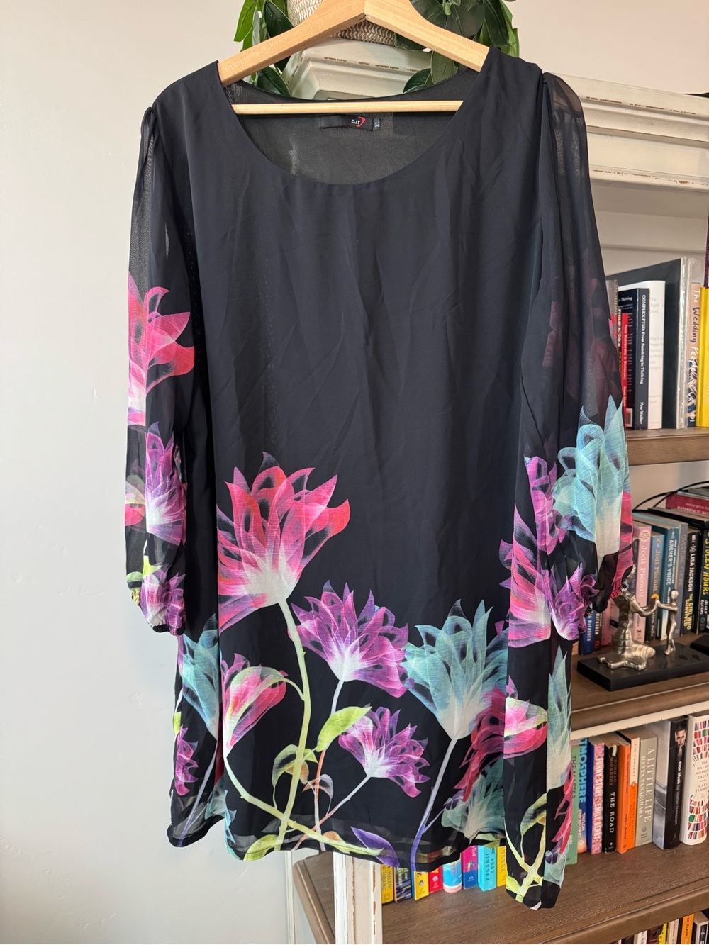 Black Floral Sheer Tunic Top with Pink & Teal Blooms